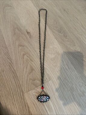 Antique-Style Red Accent Eye Pendant Necklace - Women's Jewelry